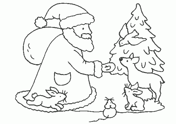 Mikołaj spotyka zwierzęta w lesie kolorowanka do druku